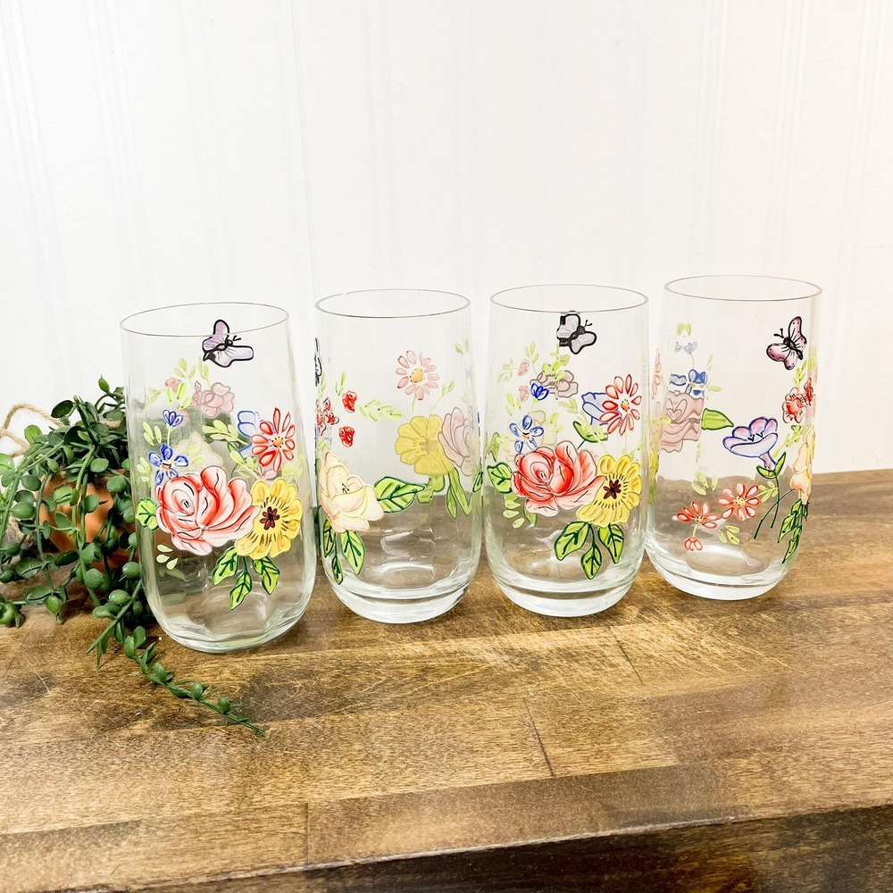 Vintage Embossed Floral Drinking Glasses - Pastel Butterfly Tumblers Set of 4